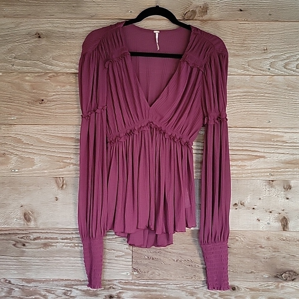 Free People Size Small Plum Day Dreaming Balloon-Sleeve Top